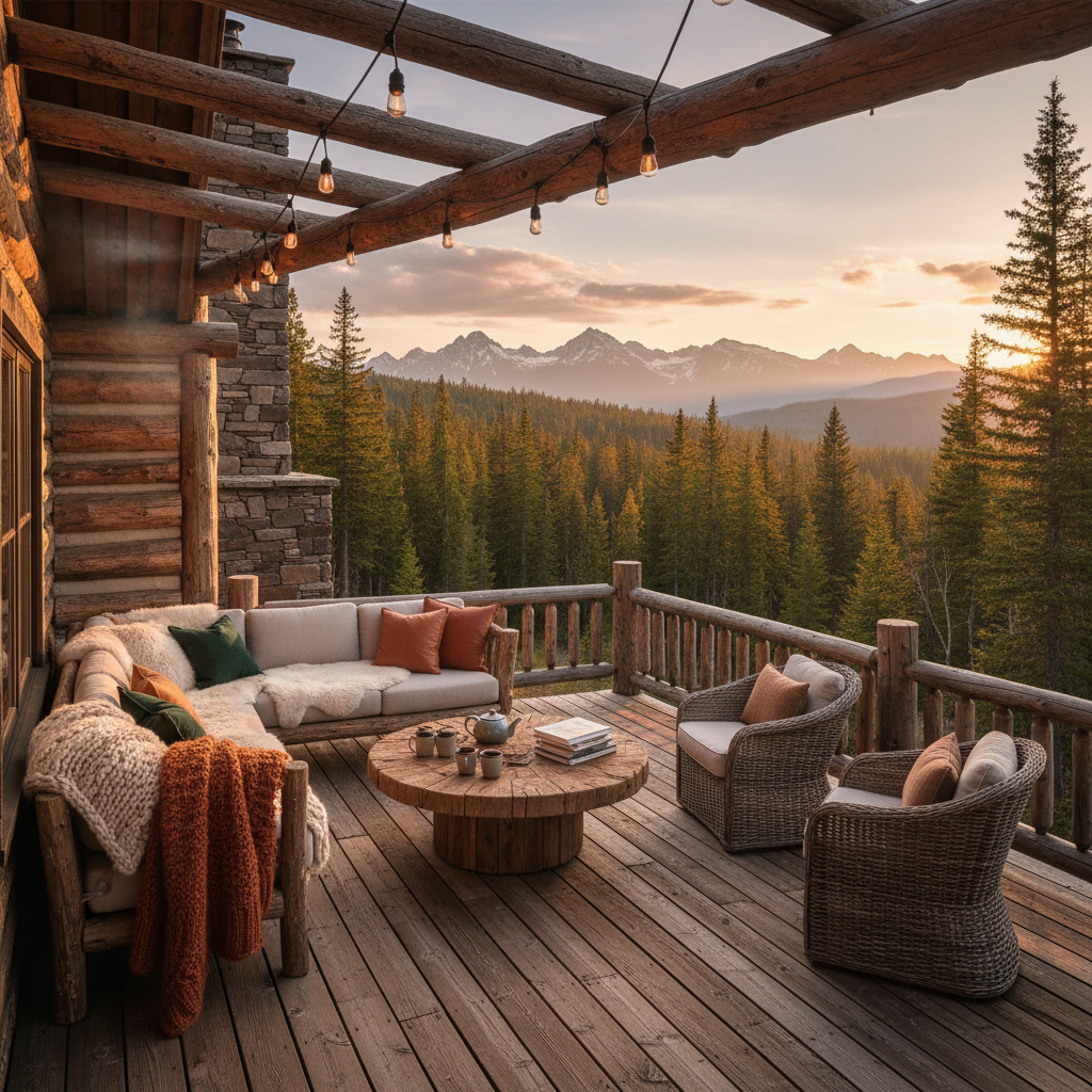 Rustic cabin terrace with forest view