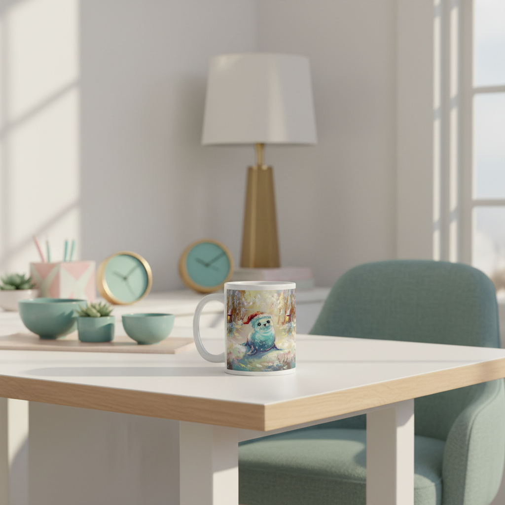 11oz Christmas seal mug in home office