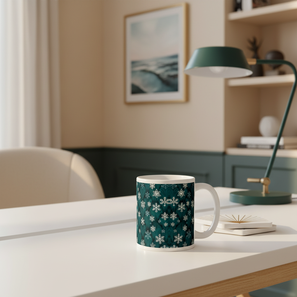 11oz snowflake mug in home office