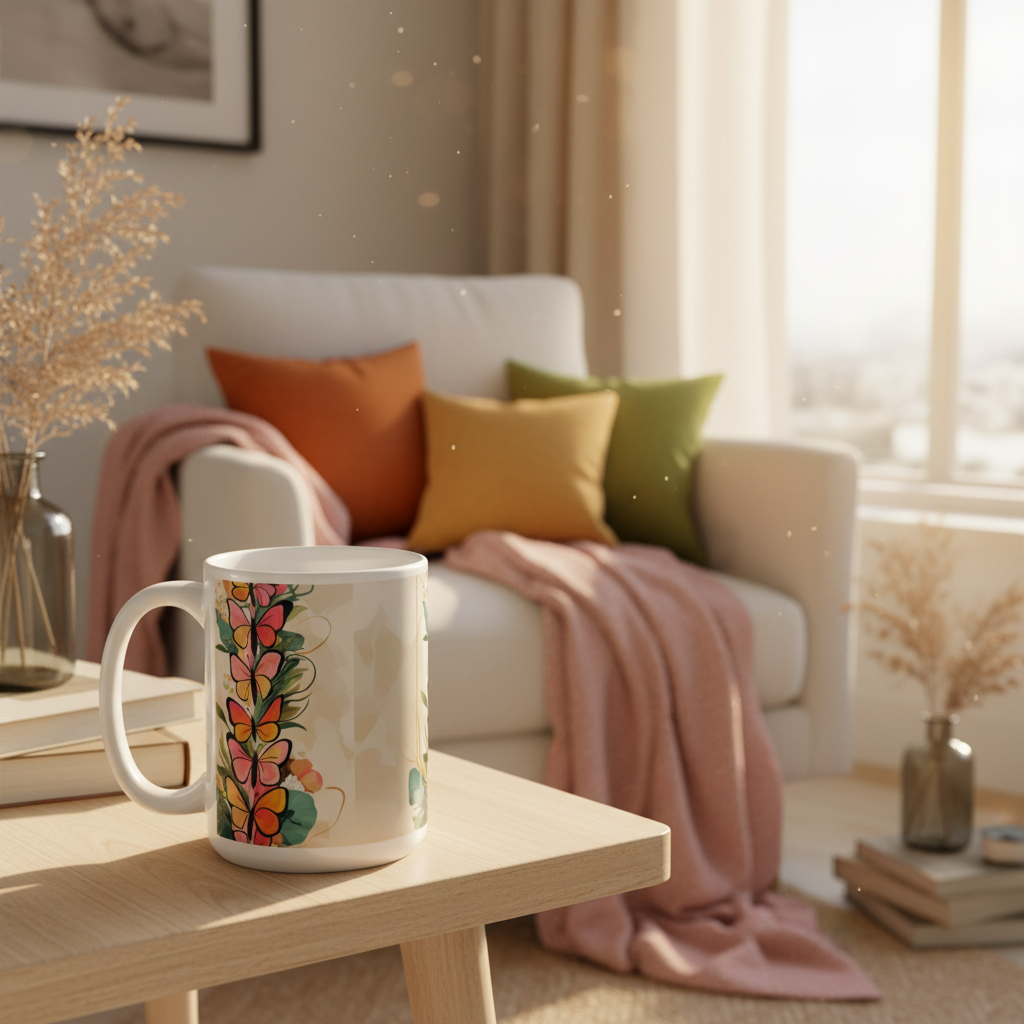 15oz butterflies mug in reading nook