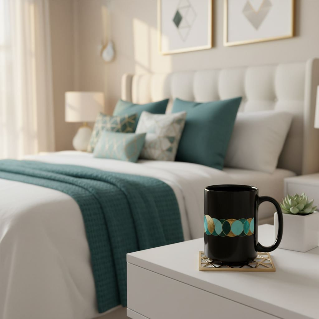 15oz circles mug in bedroom
