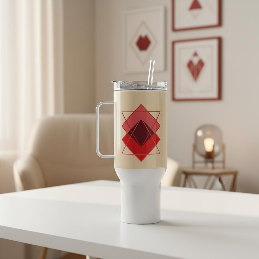 40oz red geometric mug in home office