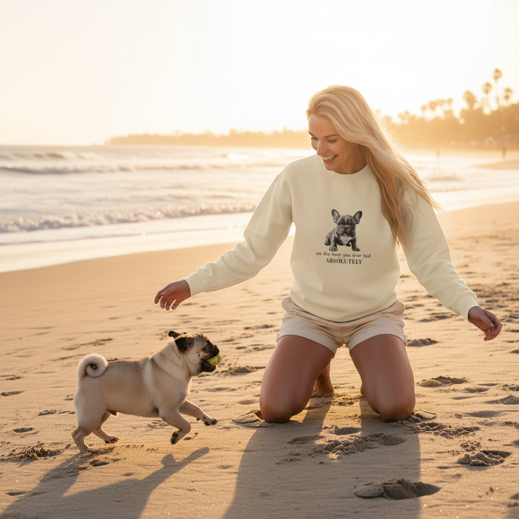 Active woman in bone sweatshirt playing fetch with pug on beach