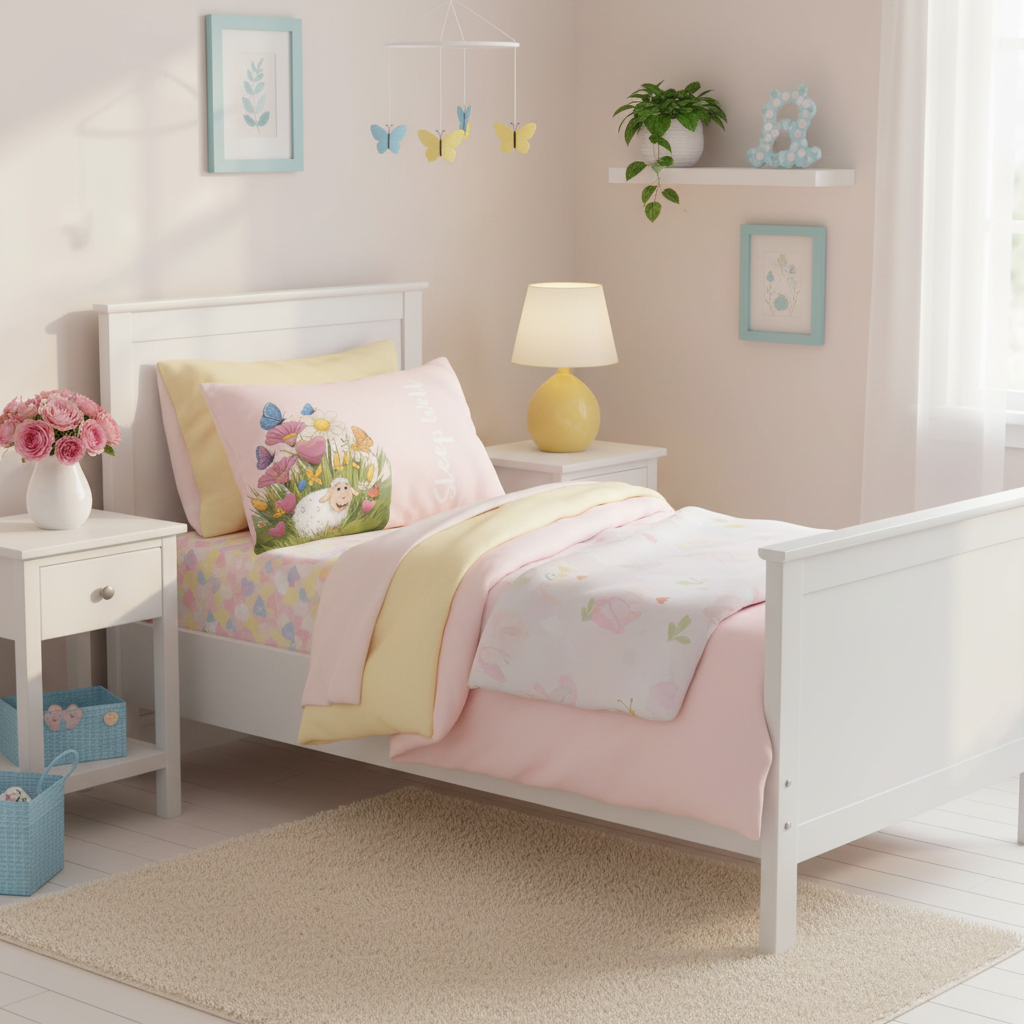 Adorable cozy kids bedroom with rectangular cute sheep spring pillow on white bed with pastel pink and yellow bedding and spring decorations