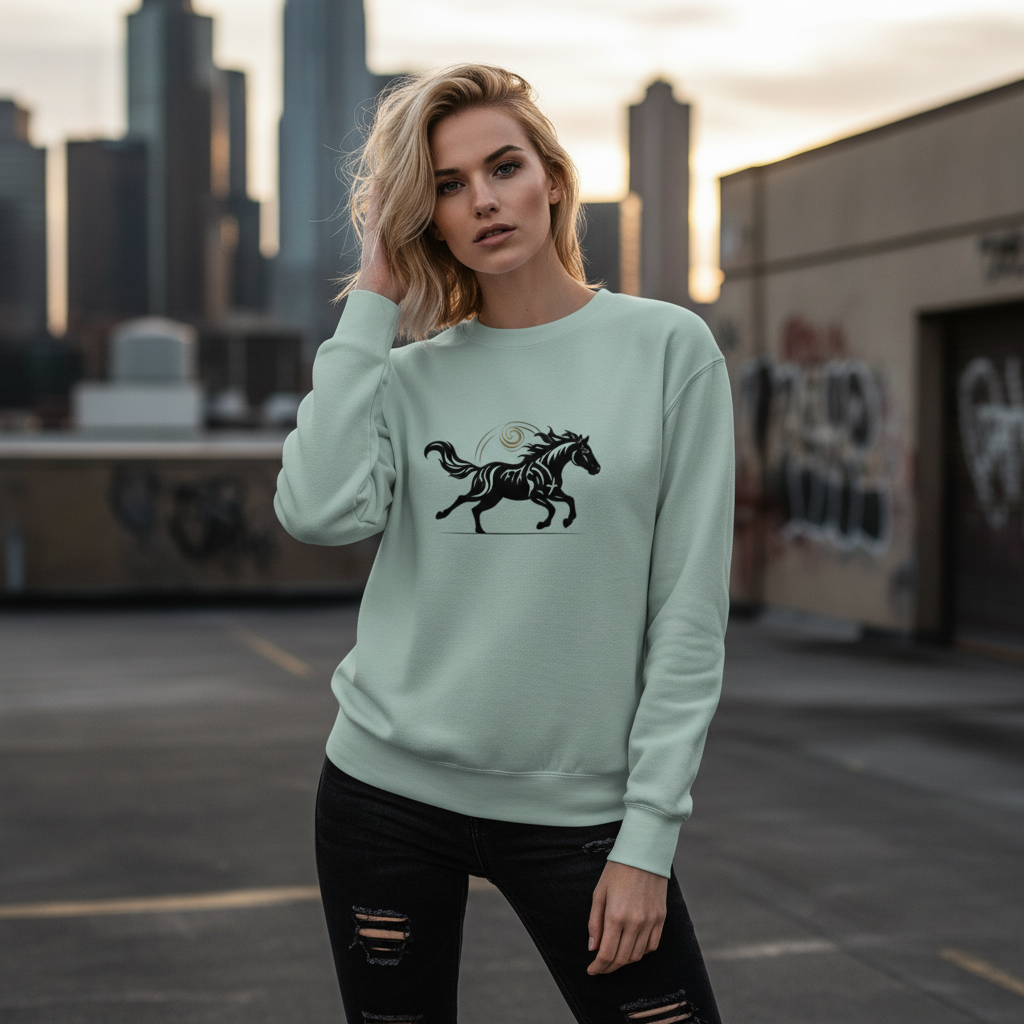Agave green premium sweatshirt featuring unique horse design - Modern casual wear for nature lovers and free spirits