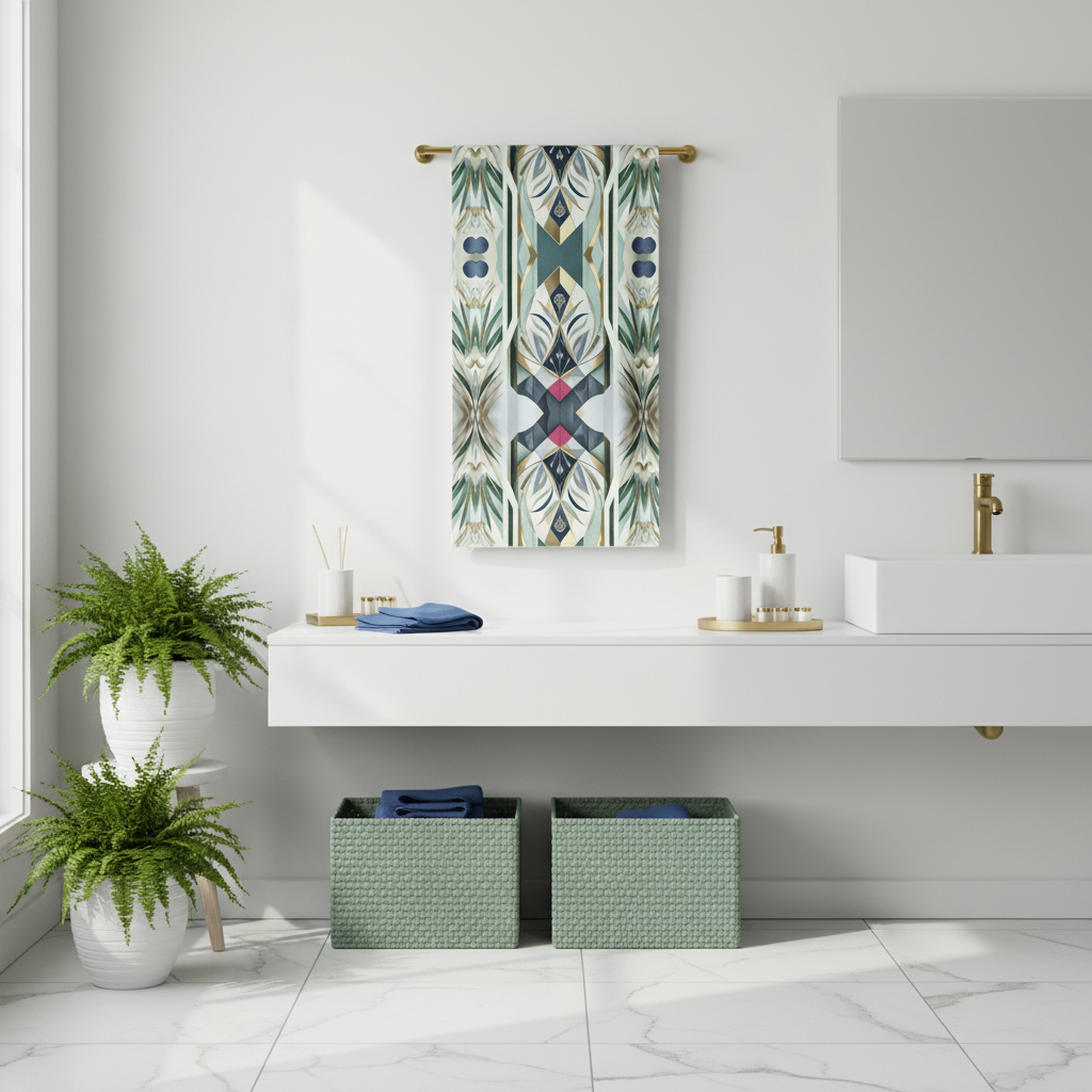 Airy white bathroom with Art Deco towel on gold bar and sage green navy accessories