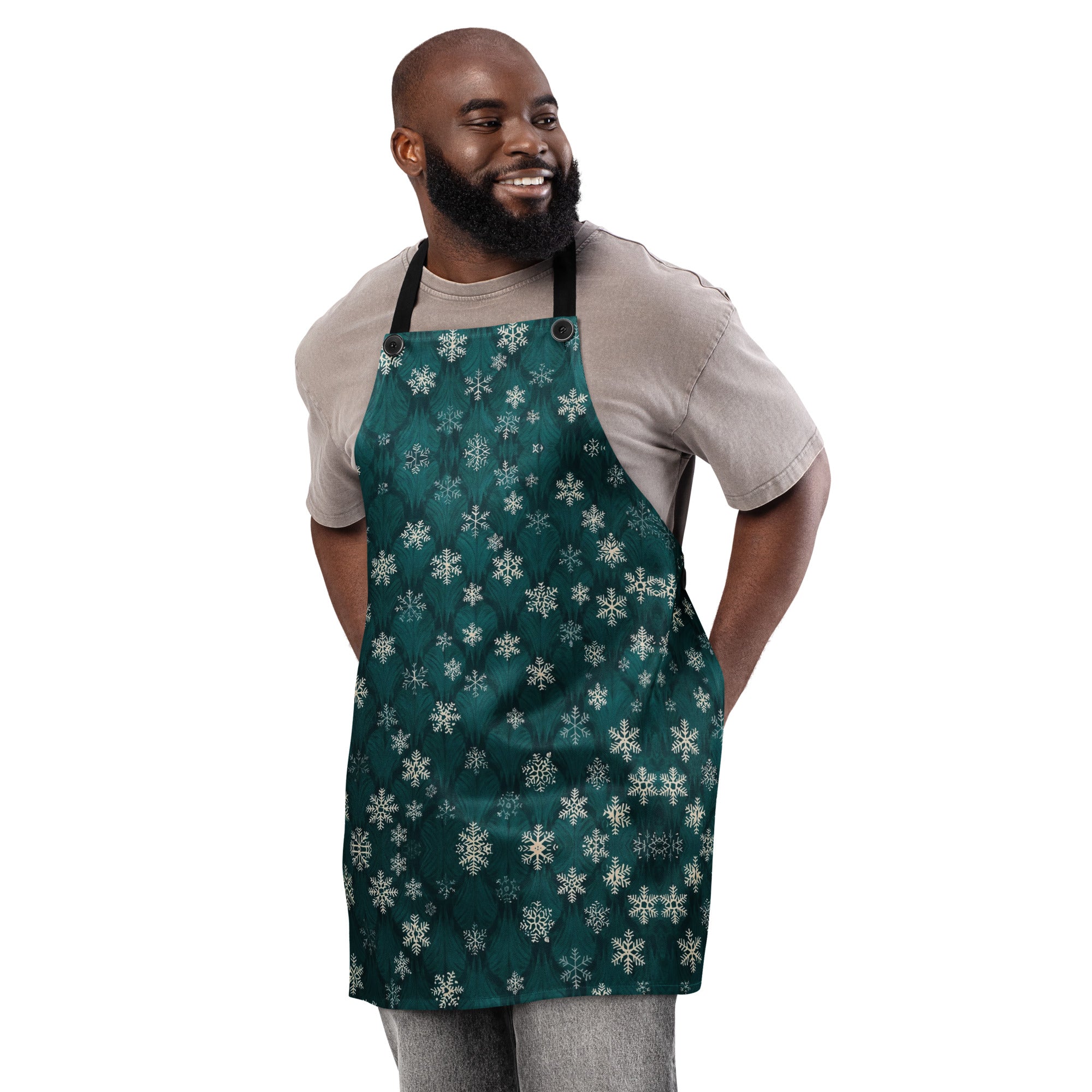 Dark Green Snowflakes Apron - Woman Cooking in Christmas Kitchen