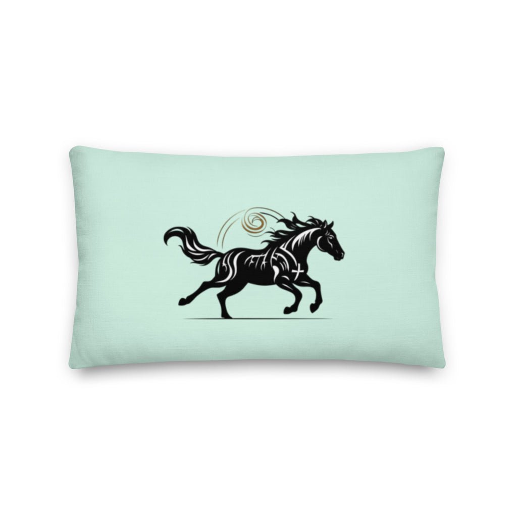 Multiple Wild Horse pillows in elegant living room corner - Premium mint green home accents with black horse silhouette