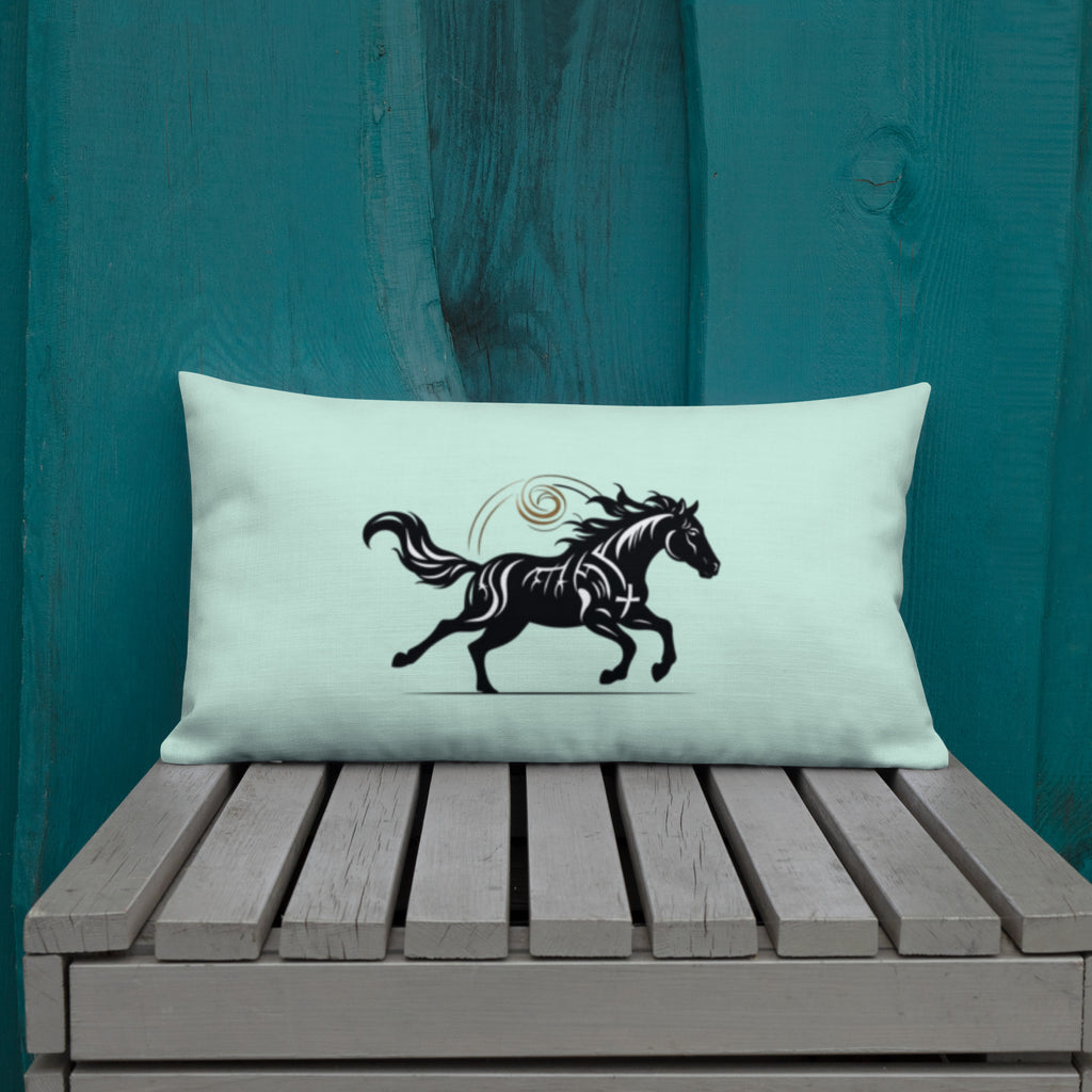Multiple Wild Horse pillows in elegant living room corner - Premium mint green home accents with black horse silhouette