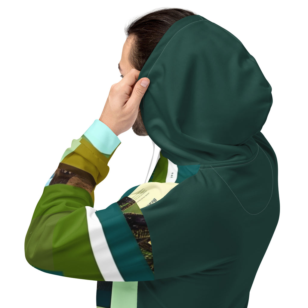 Back detail of exotic tropical hoodie - sustainable adventure wear with vibrant rainforest inspired pattern