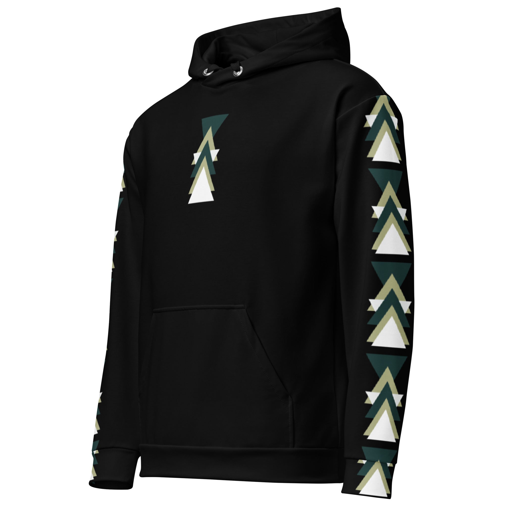Sweat à capuche noir à triangle géométrique | Motif superposé sur les manches | Streetwear moderne