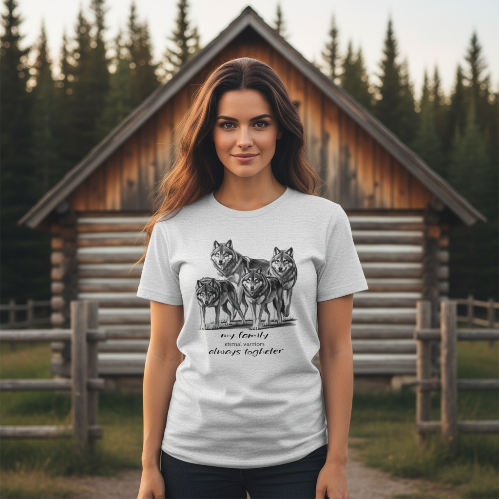 Ash grey wolf pack t-shirt woman Canadian log cabin