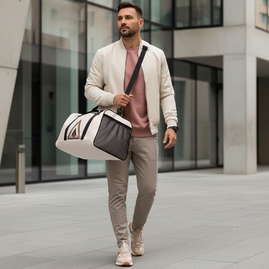 Athletic man in taupe joggers and dusty rose hoodie with triangle pattern duffle bag