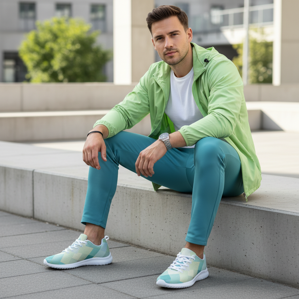 Athletic man on ledge in aqua track pants white tee and lime windbreaker with geometric shoes