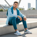 Athletic man on ledge in teal track pants white tee and light blue windbreaker with geometric shoes