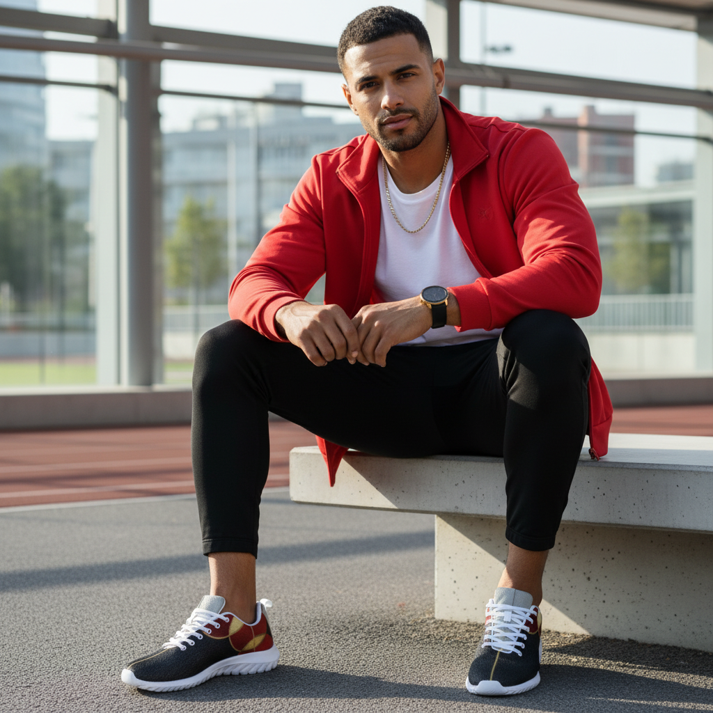 Athletic man sitting on bench in white tee and red hoodie with black red gold shoes white sole visible