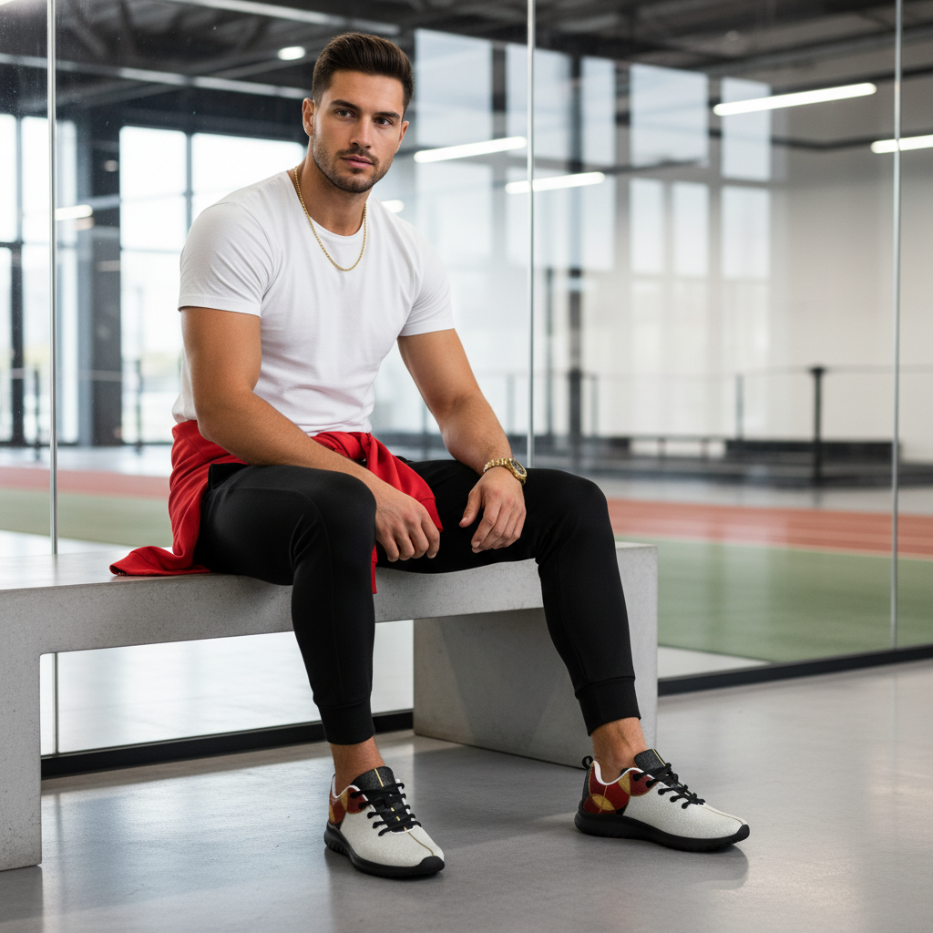 Athletic man sitting on bench in white tee and red hoodie with geometric shoes prominently visible