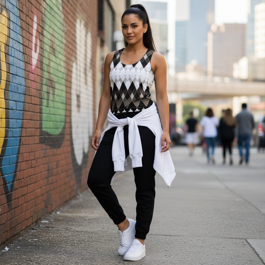 Athletic woman in geometric tank top with black joggers and white hoodie