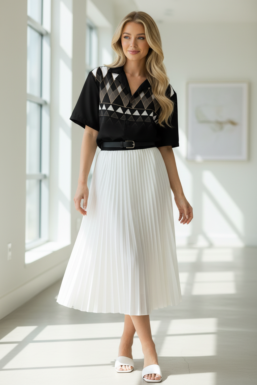 Geometric pattern shirt styled with white pleated skirt - women's fashion outfit inspiration