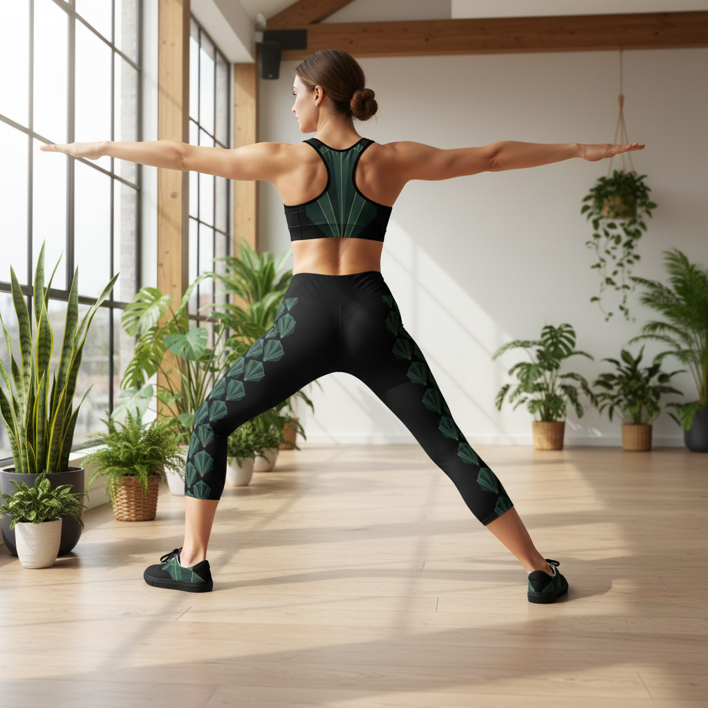 Back view of woman in emerald botanical activewear set doing yoga pose in modern wellness studio with natural light