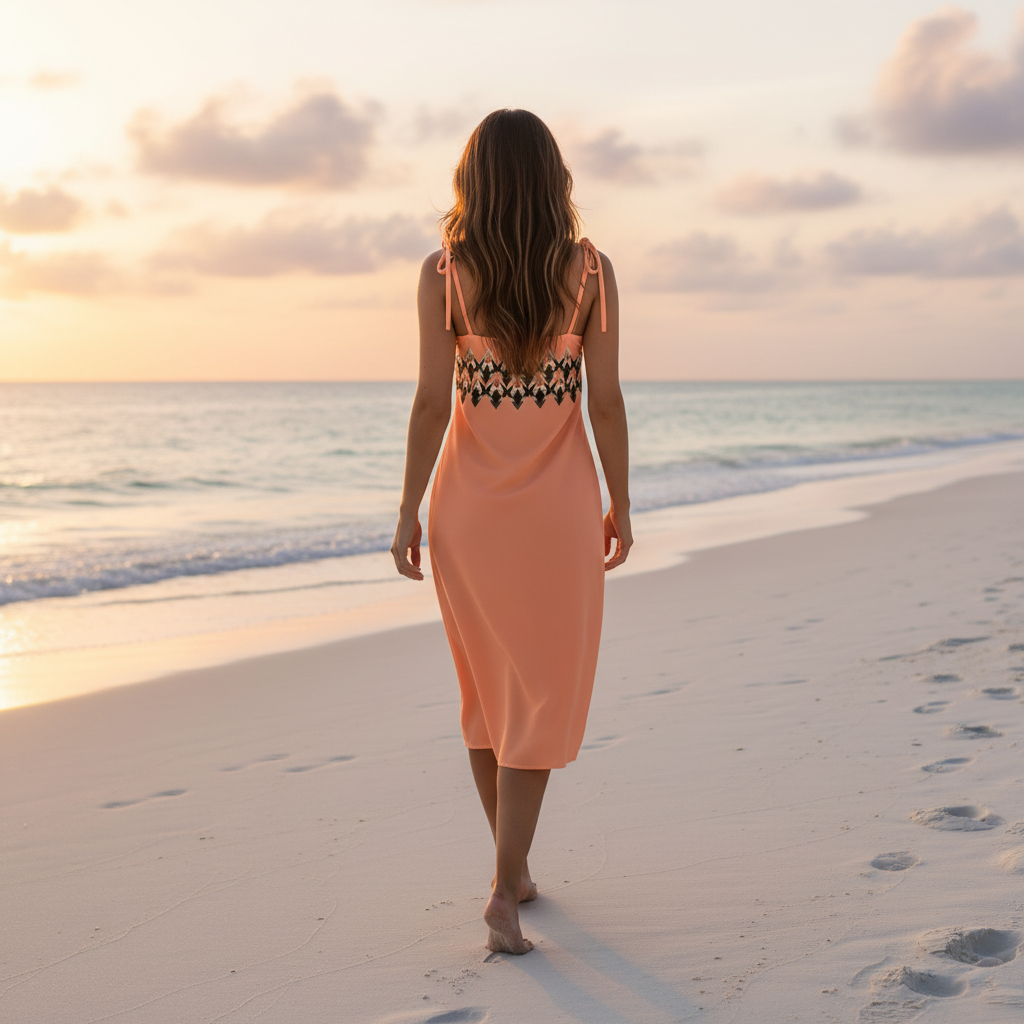 Back view of woman walking on beach in peach dress