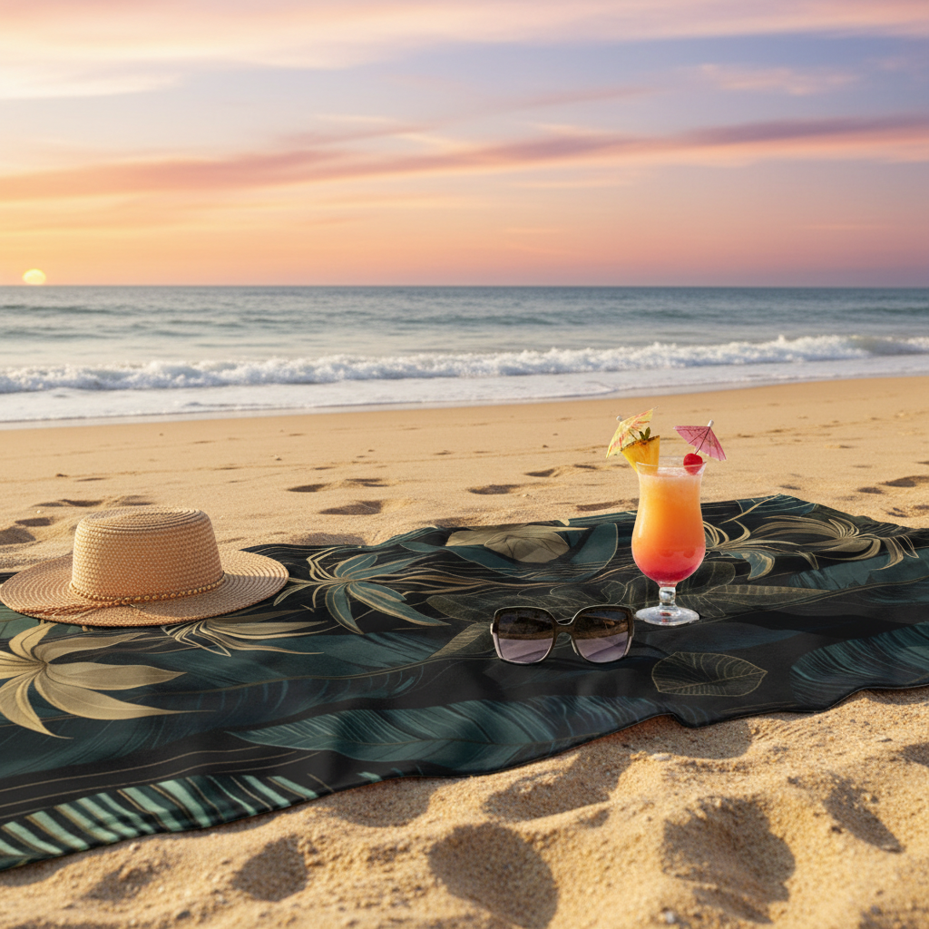 Beach lifestyle scene with emerald green and gold beach towel, straw hat and sunglasses on sand