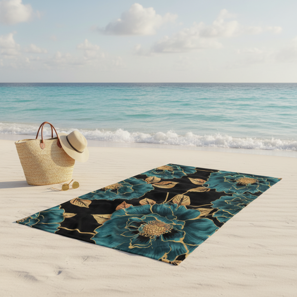 Beautiful beach scene with teal and gold floral beach towel spread on white sand