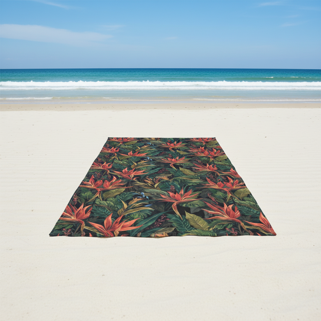 Beautiful beach scene with tropical beach towel with coral red exotic flowers and green palm leaves on pristine white sand showing complete design, turquoise ocean waves, natural sunlight, serene coastal atmosphere