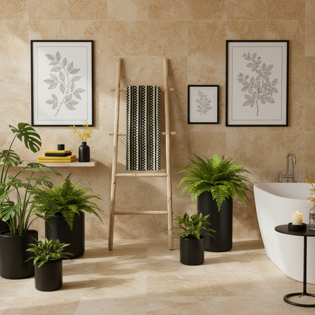 Beautiful beige botanical bathroom with black and yellow geometric towel