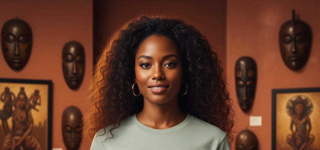 Beautiful Black woman wearing bay green baobab t-shirt in African art gallery