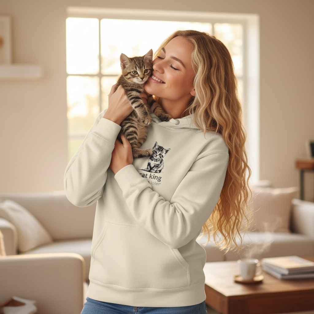 Beautiful blonde woman in beige hoodie petting adorable kitten matching the cat design