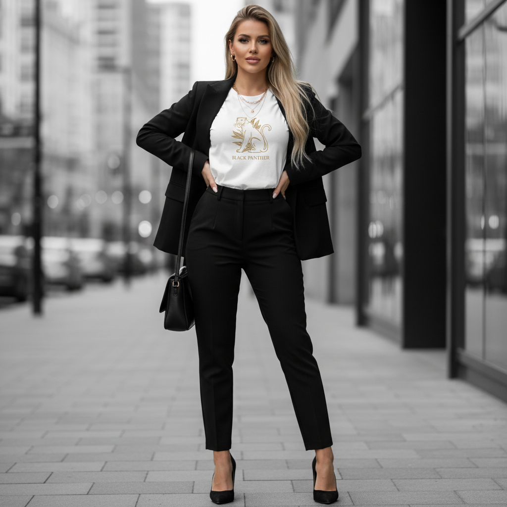 Beautiful blonde woman in white Black Panther t-shirt with black and white modern outfit radiating strength and optimism