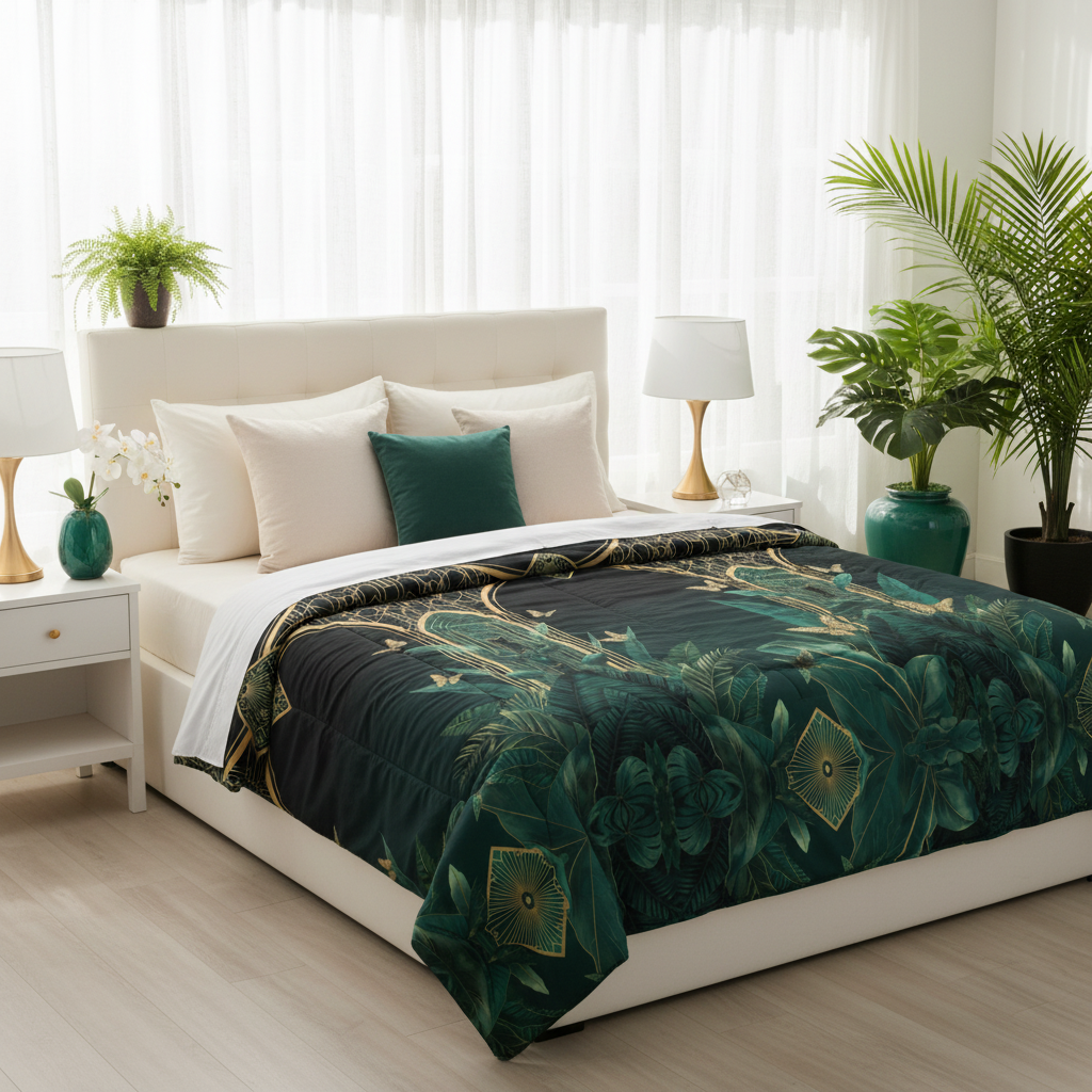 Beautiful bright bedroom with Emerald Plants queen comforter