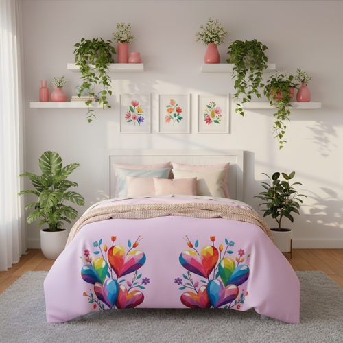 Beautiful bright botanical bedroom with twin bed featuring pink hearts duvet