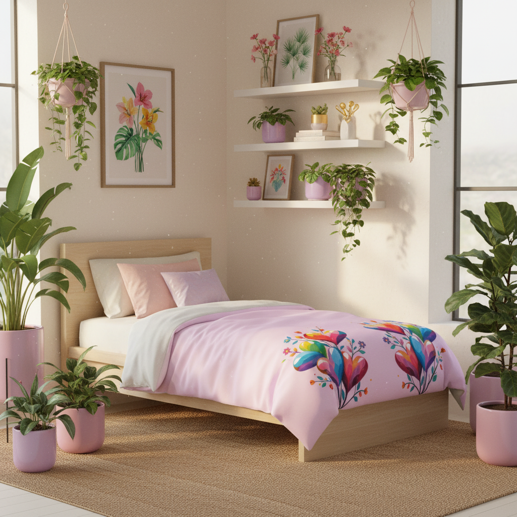 Beautiful bright coastal botanical bedroom with one twin bed