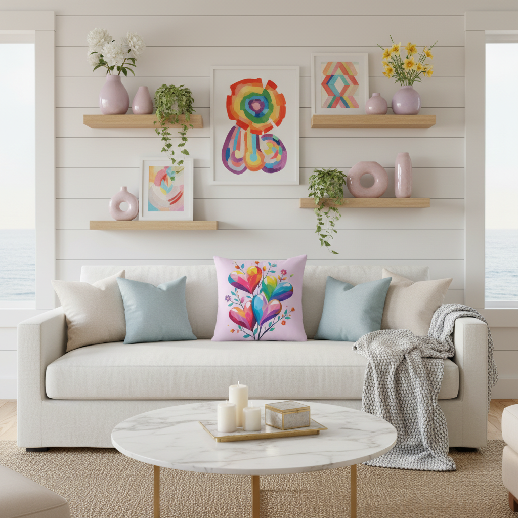 Beautiful bright coastal living room with vibrant hearts square pillow