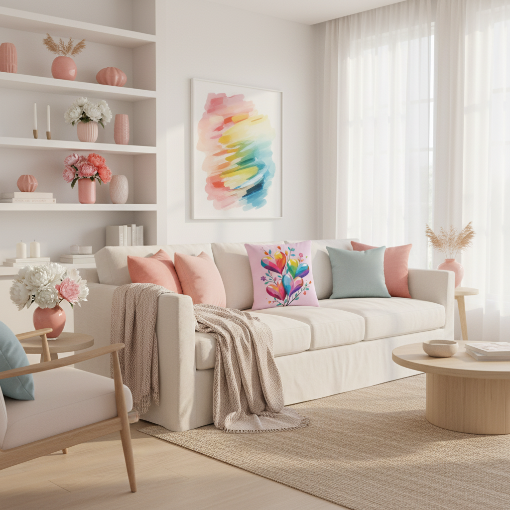 Beautiful bright sunny living room with pink hearts pillow and coordinated decor