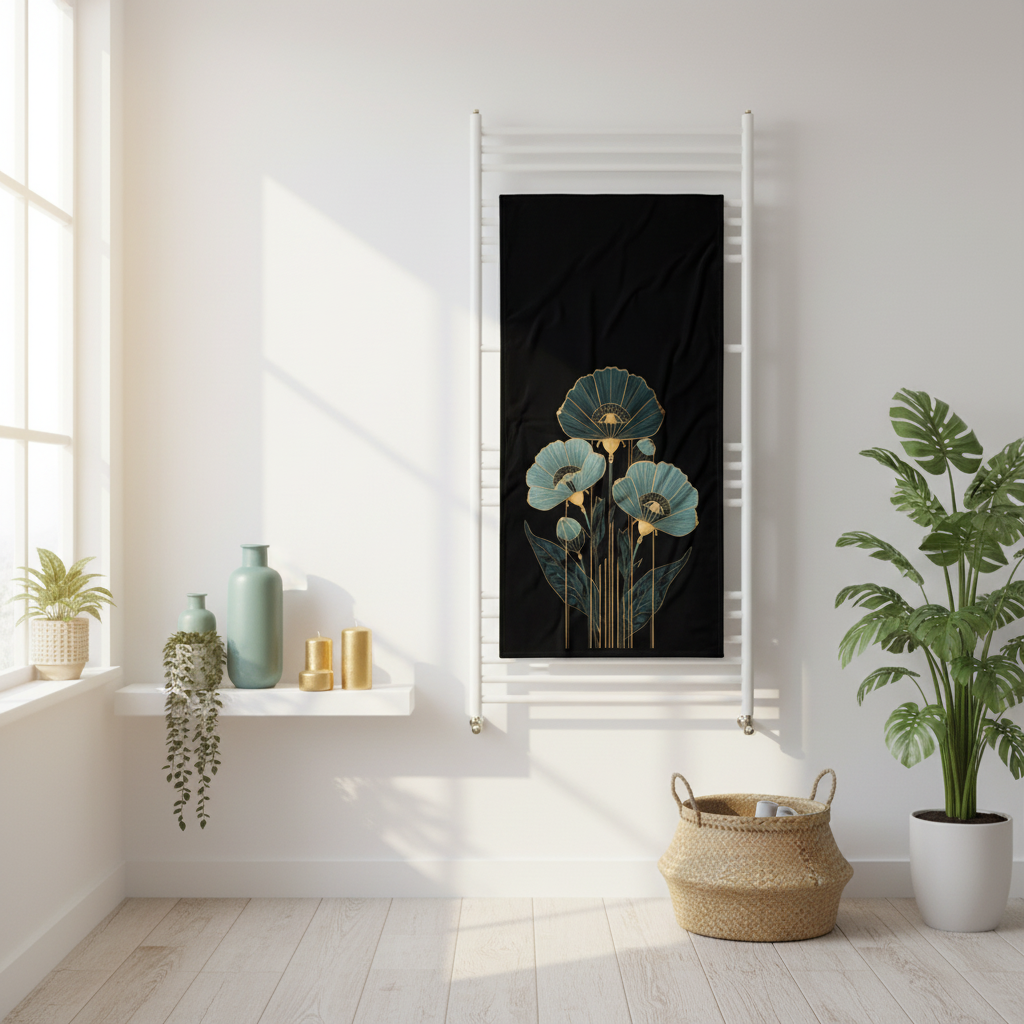 Beautiful coastal bathroom with black teal gold botanical beach towel on white towel rack