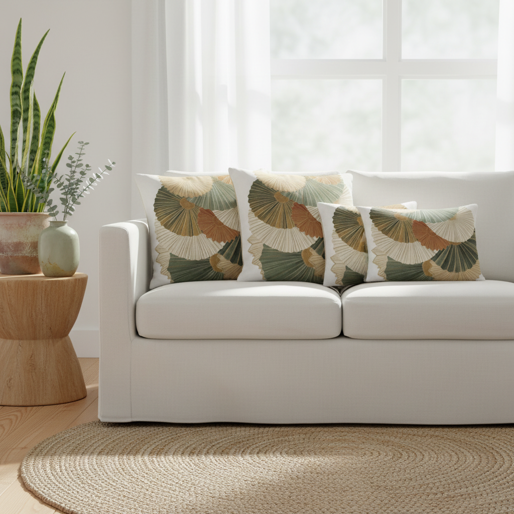 Beautiful coastal living room with Botanical Fan pillows