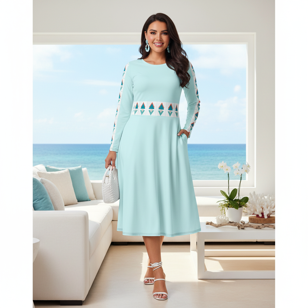 Beautiful confident plus-size curvy woman in light blue geometric dress looking gorgeous and radiant in coastal living room with white and blue decor