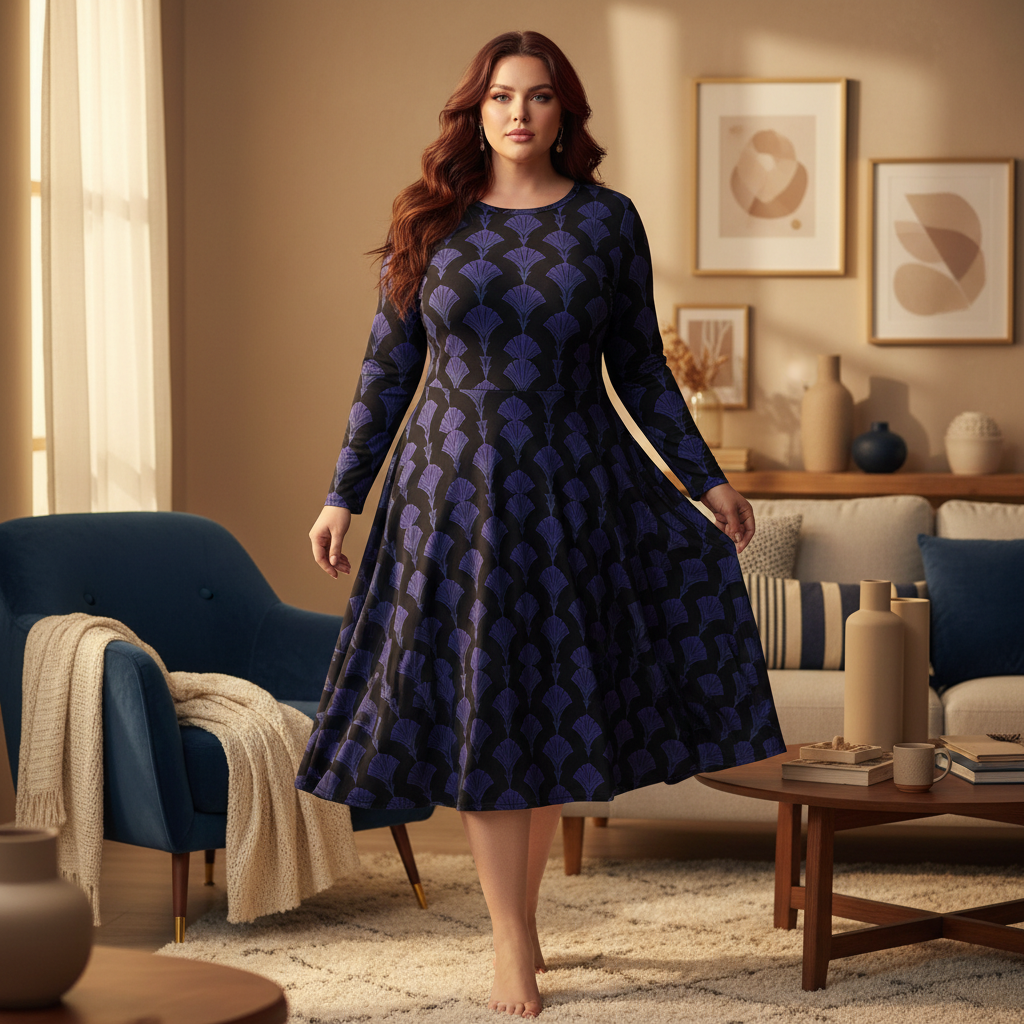 Beautiful confident plus-size woman 4XL in deep blue and black long sleeve midi dress in cozy warm interior