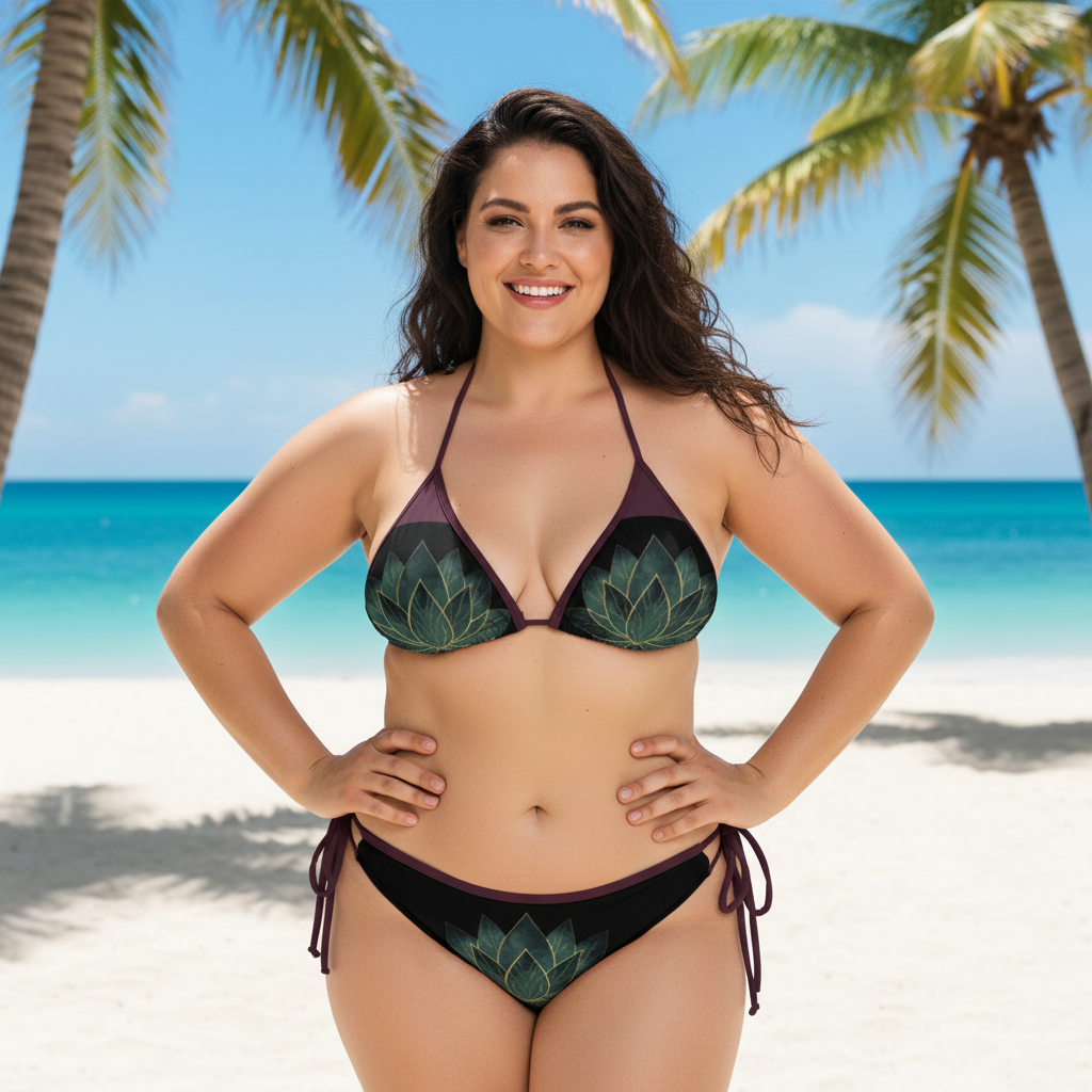Beautiful confident plus-size woman in lotus bikini at beach resort