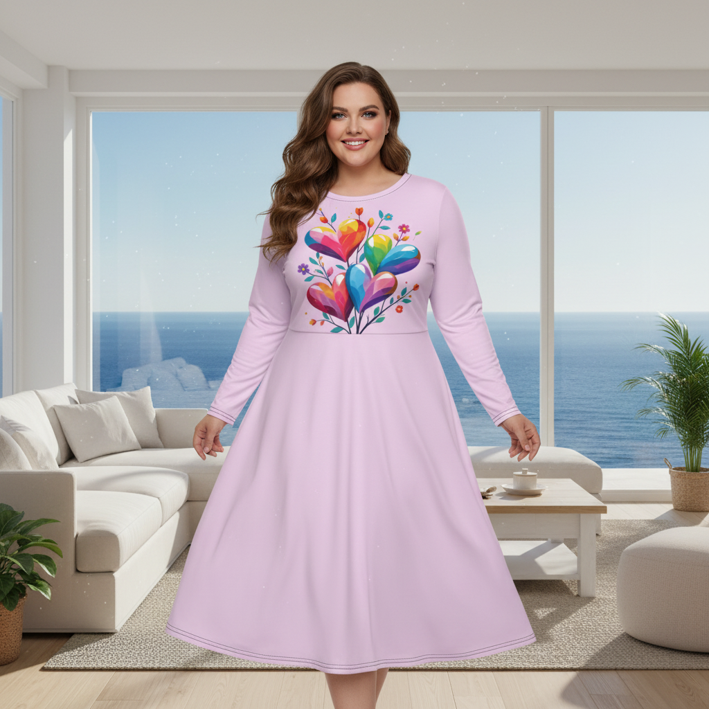 Beautiful confident plus-size woman in pink hearts dress in bright sunny coastal living room