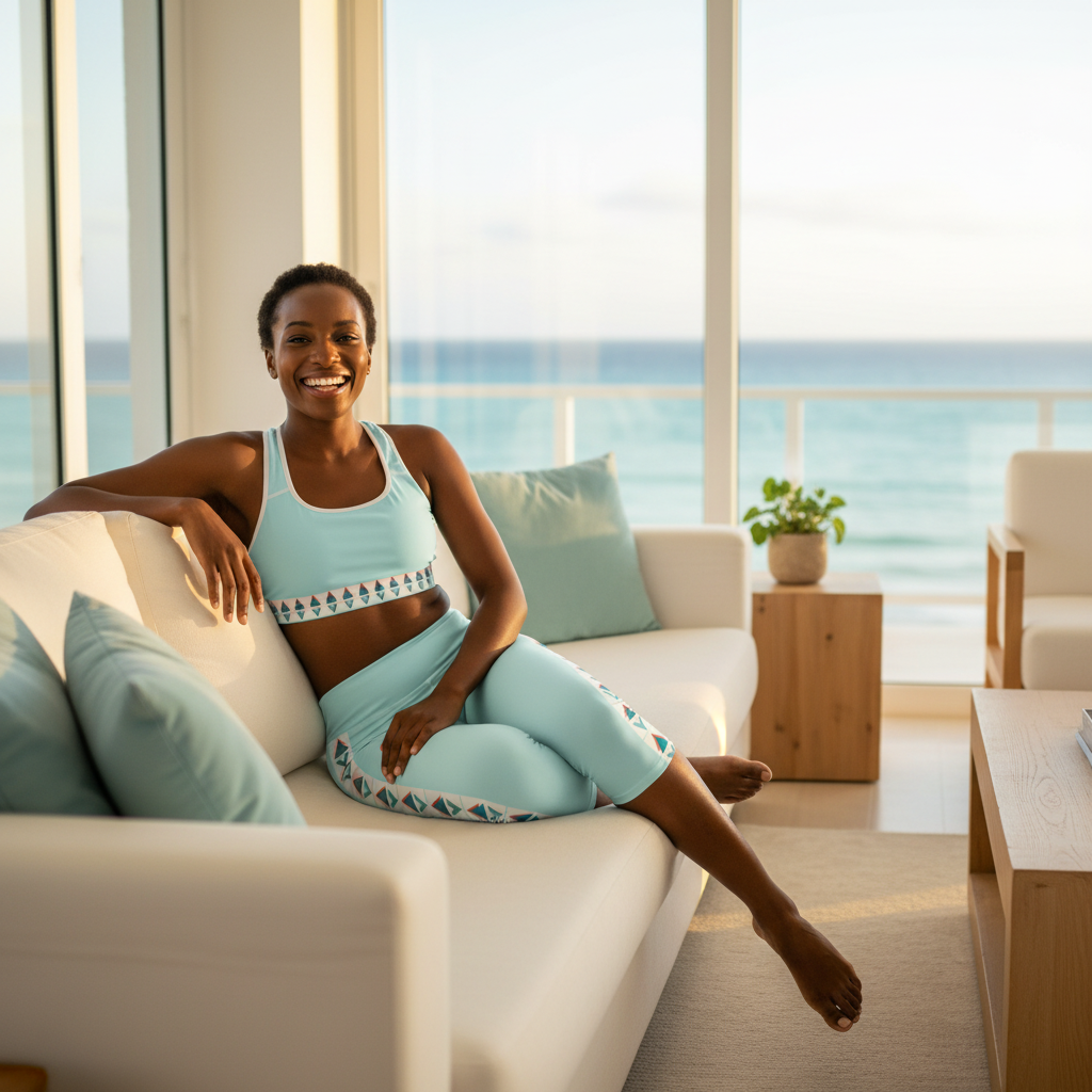 Beautiful confident woman in light blue sports bra and capri leggings relaxing on white sofa in coastal living room with ocean view