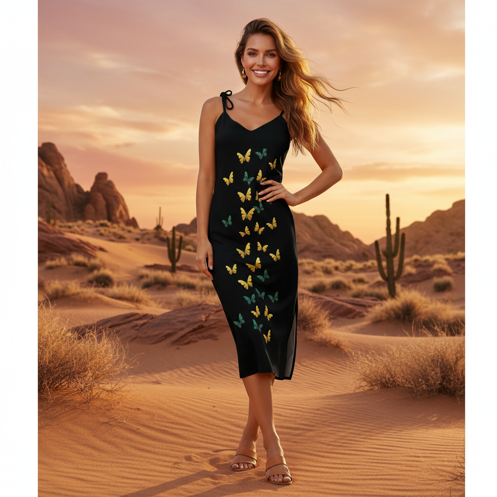 Beautiful confident woman with long hair wearing butterfly print slip dress in bohemian desert landscape at golden hour