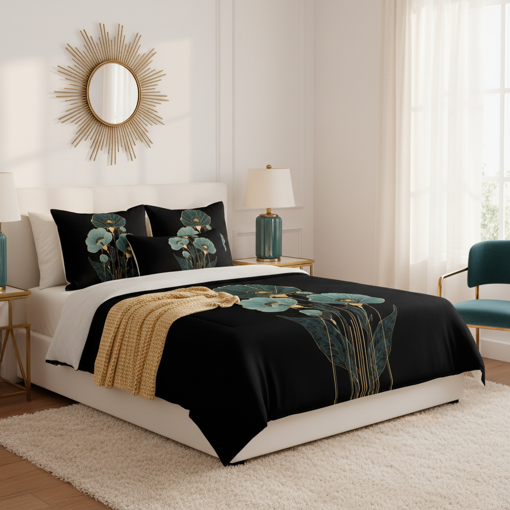 Beautiful cozy bedroom with black teal gold floral comforter and matching pillows