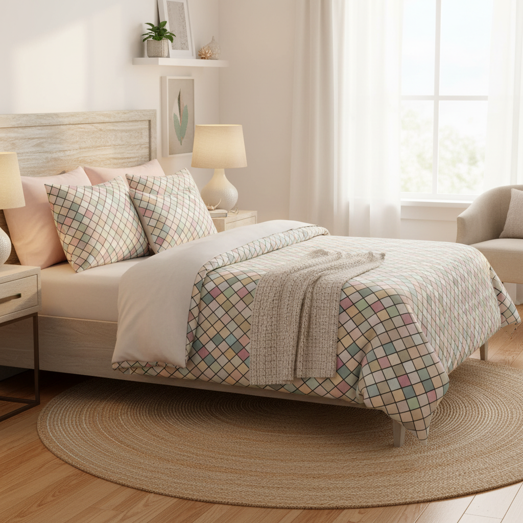 Beautiful cozy bedroom with colorful squares pattern pillows and duvet cover in pastels