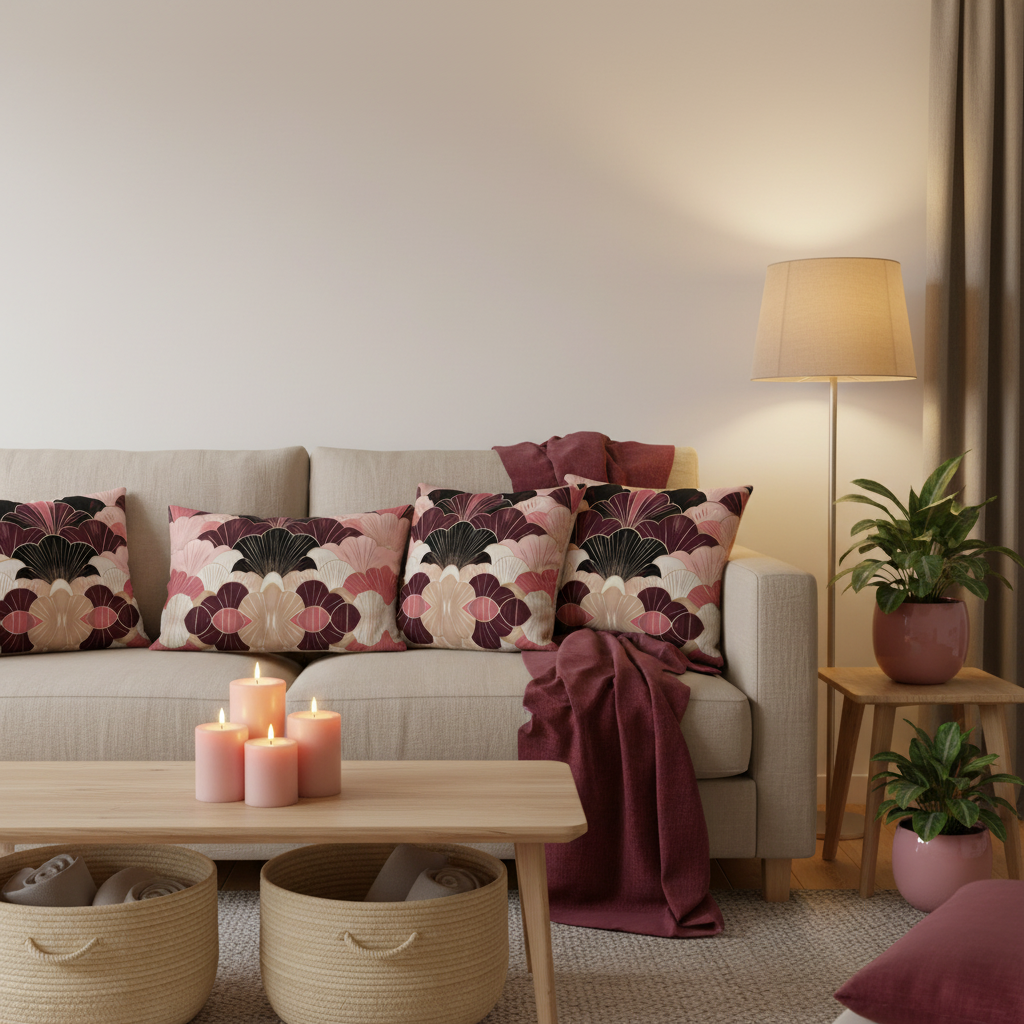 Beautiful cozy warm living room with beige linen sofa, burgundy beige pink geometric fan pattern premium pillows prominently displayed, burgundy throws, pink candles, beige baskets