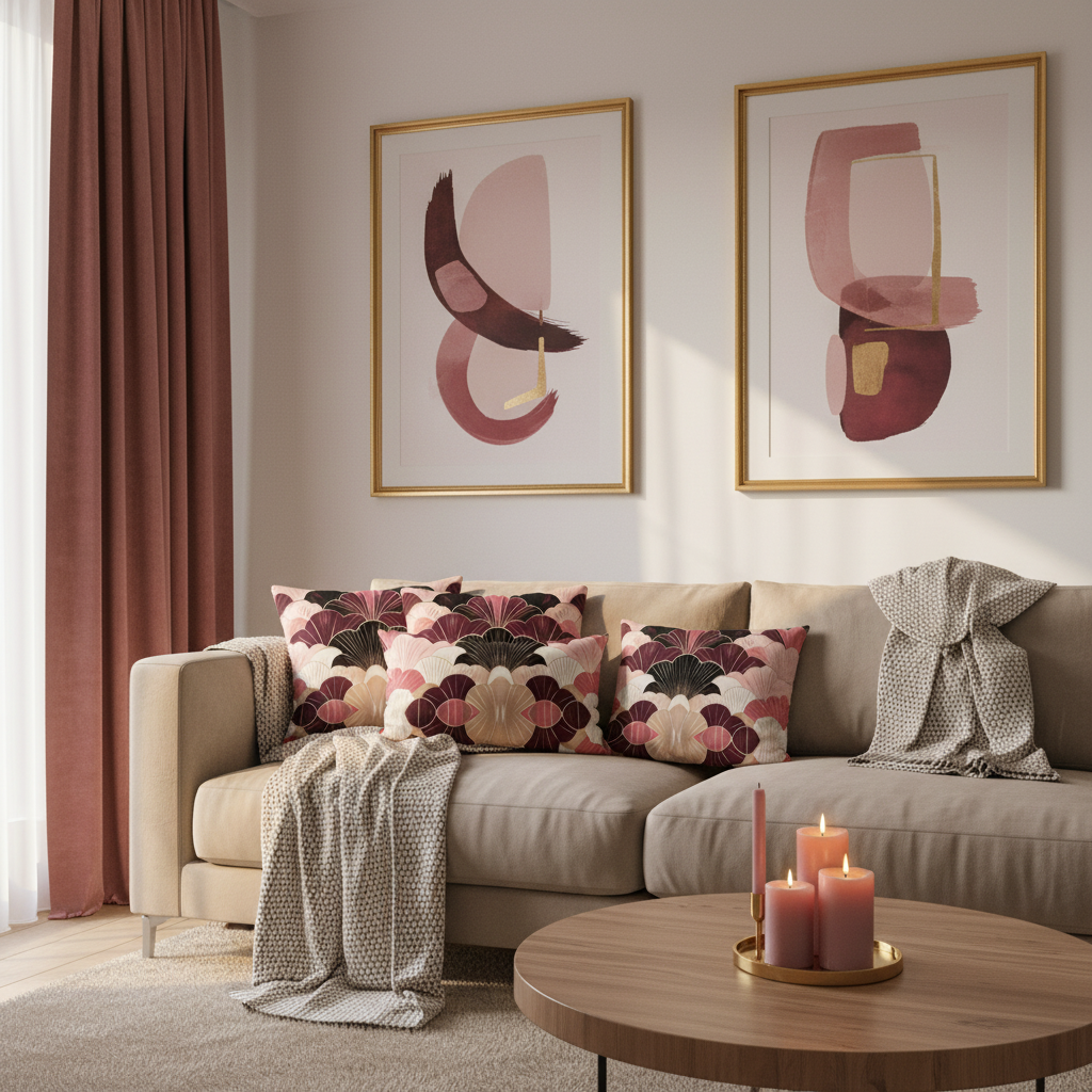 Beautiful cozy warm living room with beige sofa, burgundy beige pink art deco pillows, burgundy velvet curtains, pink and burgundy abstract art in gold frames, warm lighting