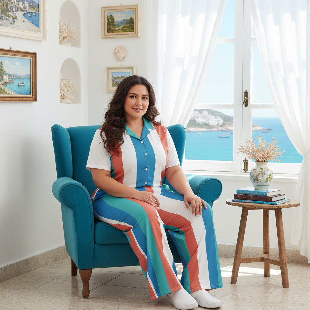 Beautiful curvy woman in striped wide leg pants with matching striped button shirt in Italian coastal room